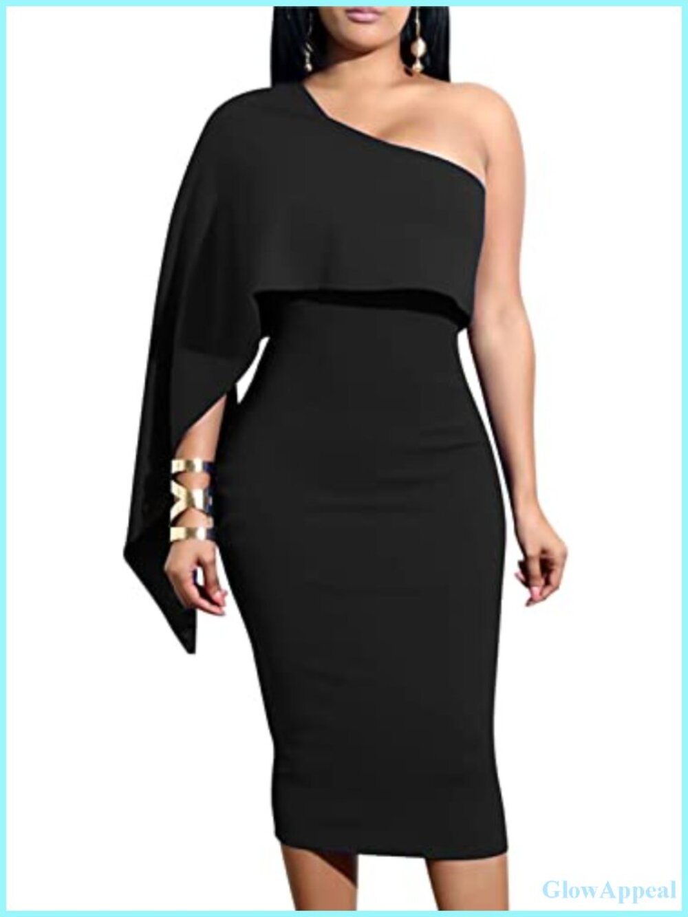 One Shoulder Cape Bodycon Midi Dress Asymmetrical Club Night Out